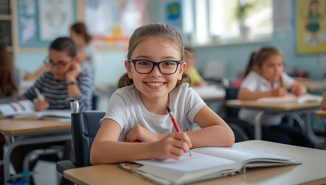 Smiling Girl in Wheelchair Participating in Classroom Activity