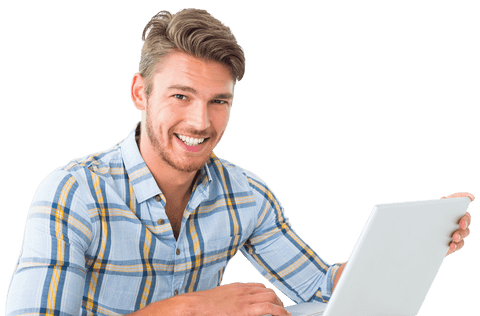 Smiling Man Using Laptop on Transparent Background for Lifestyle Theme - Download Free Stock Videos Pikwizard.com