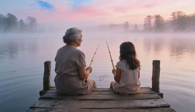 Grandmother and granddaughter fishing on misty lake dock at dawn, multigenerational bonding