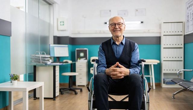 Senior man sitting in wheelchair smiling in modern medical clinic reception