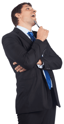 Surprised Caucasian Businessman Looking Up in Black Suit on Transparent Background