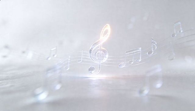 Glowing glass treble clef emitting warm light on reflective surface with curved staff