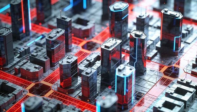 Ai-generated cyberpunk cityscape on circuit board with neon grid and futuristic skyscrapers