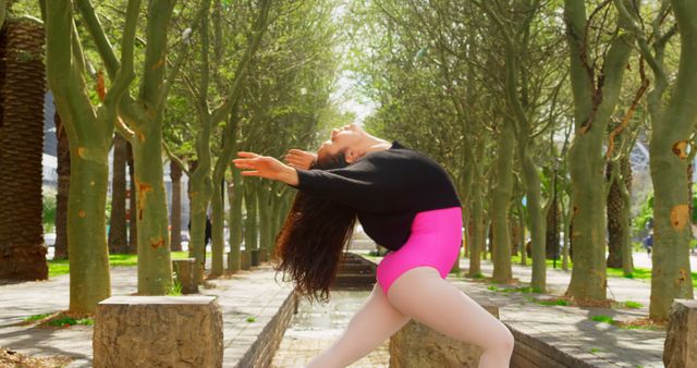 A ballet dancer performs a stretching pose among a scenic park lined with trees. Ideal for use in advertisements or articles about dance, fitness, and the beauty of nature.