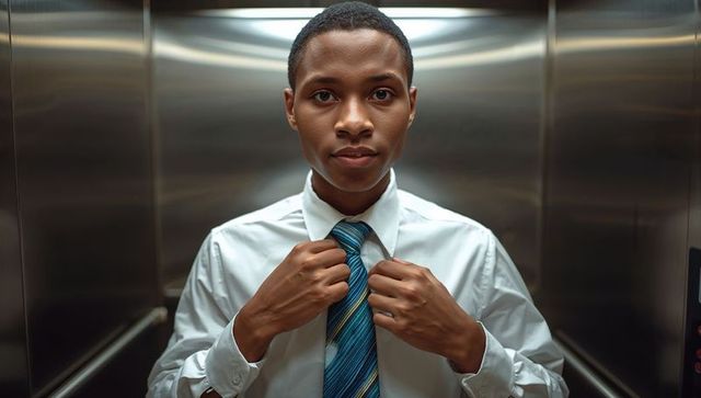 Young Black professional adjusting tie in stainless steel elevator, corporate portrait