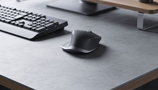 Ergonomic mouse sitting on minimalist desk with keyboard and monitor riser