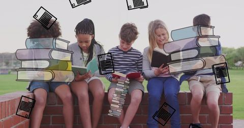 Diverse Children Reading Books Outdoors on Sunny Day