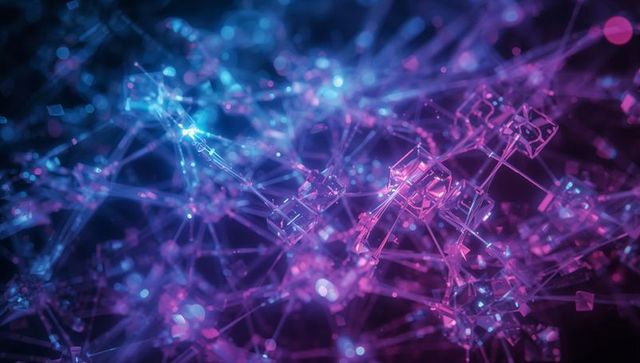 Futuristic Neon Network with Floating Digital Cubes and Nodes