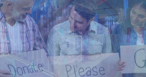 Volunteers Holding Signs with Please Donate Message Overlay