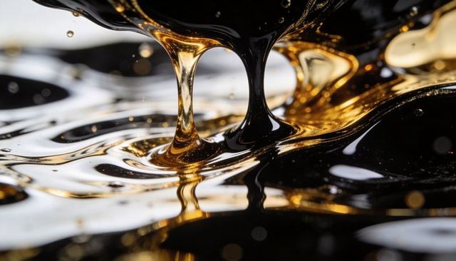 Flowing glossy black liquid forming golden-strand reflections over rippled metallic surface