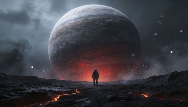 Astronaut standing on volcanic plain facing enormous red gas giant over lava cracks