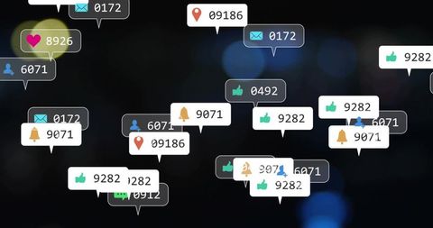 Floating UI Notification Bubbles Showing Social Alerts, Counters and Icons Over Dark Blur