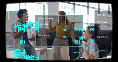 Coworkers collaborating with augmented reality interface and holographic ui in office