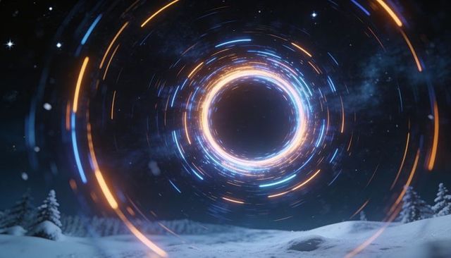 Rotating neon portal above snowy clearing at night, futuristic vortex with aurora