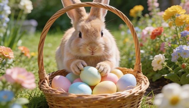 Curious bunny nestled in wicker basket holding pastel easter eggs in sunlit garden