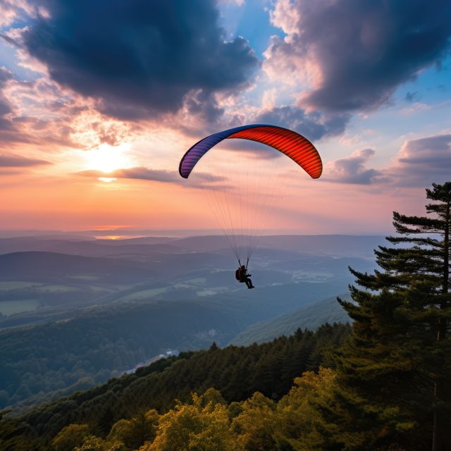 Paraglider drifting over countryside landscape at sunset, created using generative ai technology. Paragliding, sports, flying and freedom concept digitally generated image.