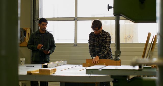 Carpenters Working in Workshop Cutting Wood on Table Saw - Download Free Stock Images Pikwizard.com