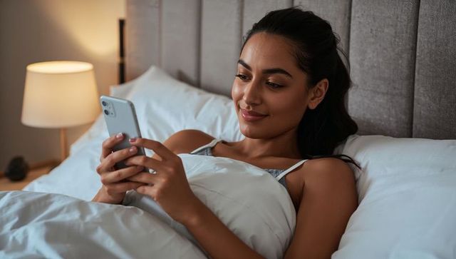 Relaxing asian woman scrolling smartphone in cozy bed, smiling under white duvet