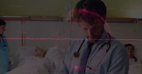 Doctor Assesses Patient Data with Digital Overlay in Hospital Ward