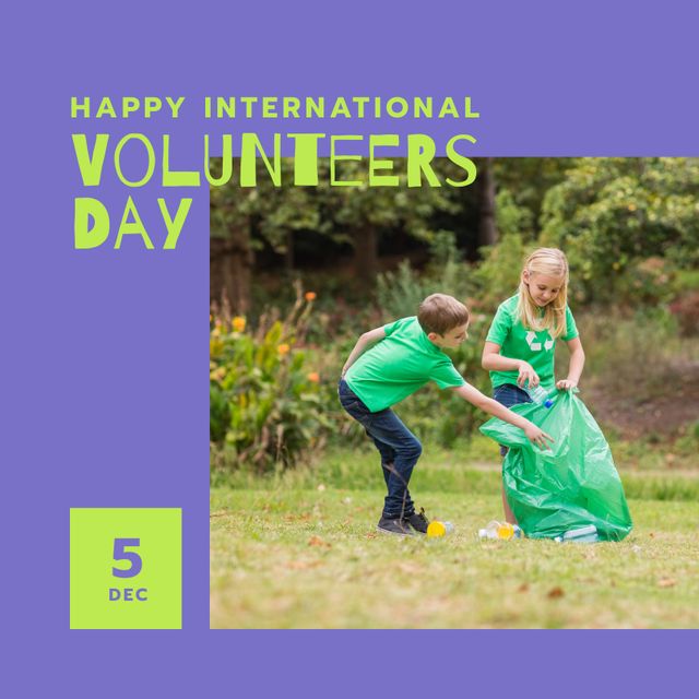 This image of children collecting litter is perfect for celebrating International Volunteers Day. It is ideal for use in campaigns promoting environmental conservation, community service projects, and volunteering efforts. Non-profits, schools, and community organizations can use this visual to emphasize the importance of teamwork and making a difference.