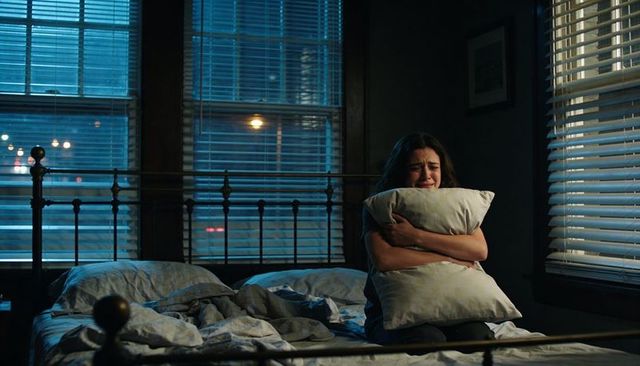 Young woman hugging pillow at night in blue-lit urban bedroom showing raw emotional solitude