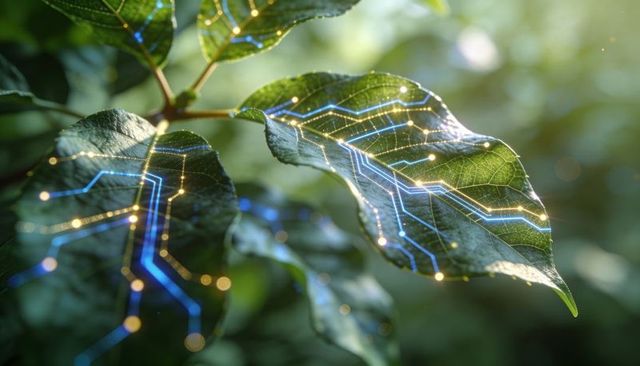 Green leaves glowing with blue and gold circuit traces, merging nature and technology