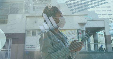 Financial technology display over woman in protective mask