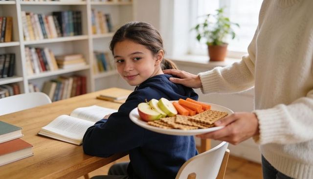 Young girl reading at table receiving healthy snack from parent in cozy home