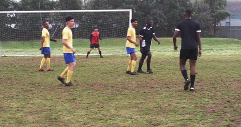 Diverse soccer players preparing huddle on grass field