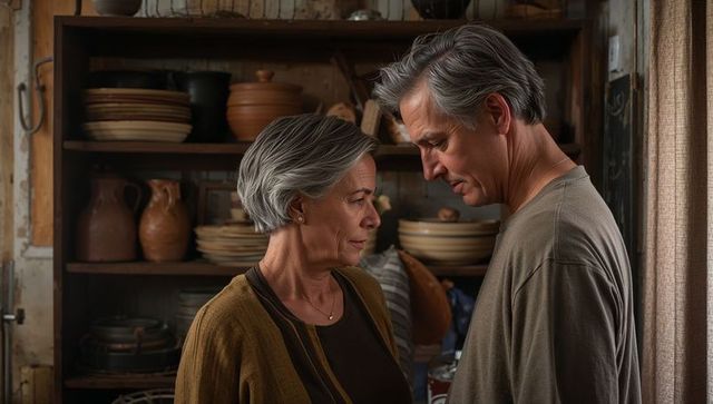Senior couple sharing tender moment in rustic kitchen with pottery and wooden shelves