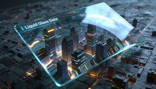 Liquid glass data panel magnifying futuristic city grid with holographic refraction