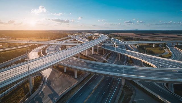 Aerial panorama showing multilevel highway interchange at golden hour with sweeping ramps