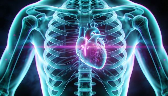 Glowing anatomical heart pulsing inside translucent ribcage with ecg waveform
