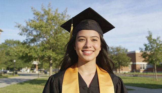 Smiling female graduate posing on college campus wearing mortarboard, gown and gold stole
