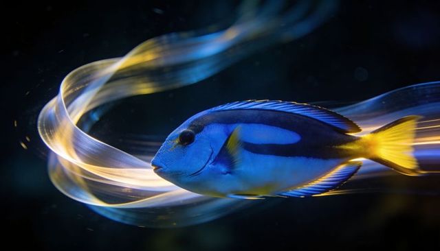 Blue tang swimming through luminous ribbon light trails underwater closeup neon aquarium