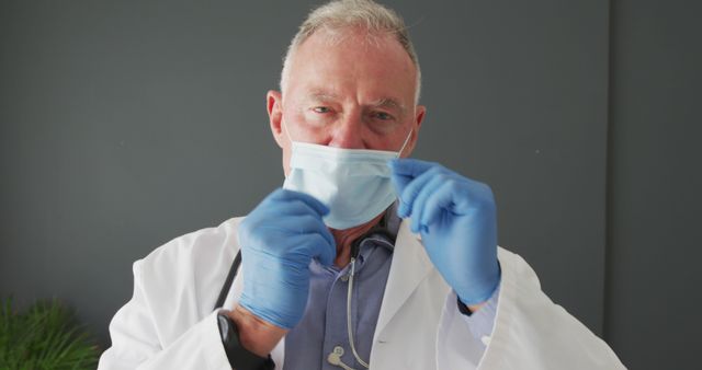 Senior doctor putting on medical face mask with blue latex gloves. Ideal for use in healthcare, medical safety, COVID-19 precaution messages, health worker appreciation materials, and clinical training content. Highlights health and safety practices in medical settings.