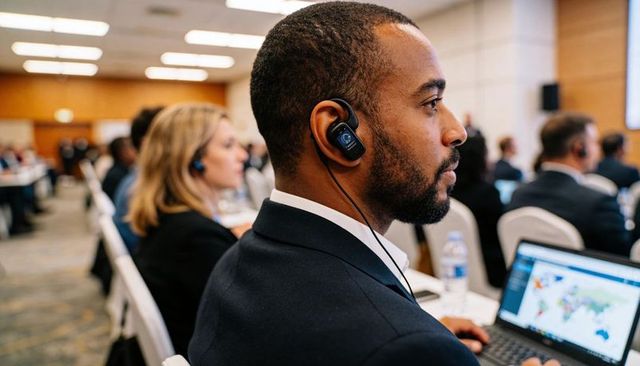 Corporate attendee listening with wired earpiece at conference, working on laptop map