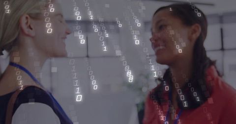 Two Professionals Collaborating with Digital Overlay in Modern Office