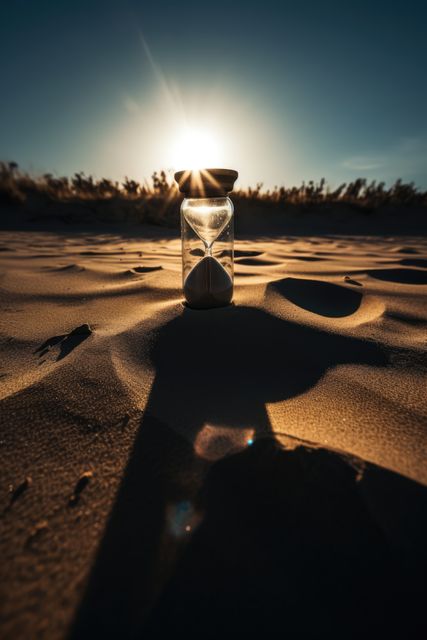 Hourglass casting a long shadow in desert sand dunes during sunset. Represents the passage of time, transience of moment. Could be utilized for time management, nature, or environmental awareness themes. Ideal for motivational posters, articles about time, or desert tourism promotions.