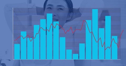 Relaxed chinese woman reclining as analytics dashboard overlays room with cyan bars and red trend li
