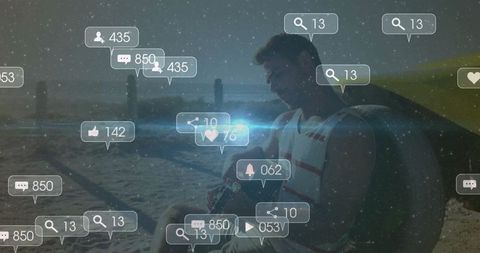 Man Relaxing with Surf Wing at Beach During Sunset with Social Likes Icons