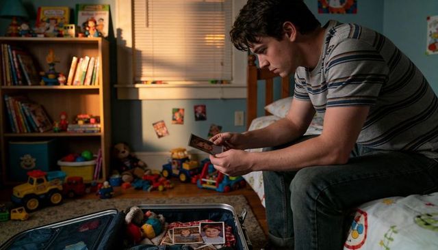 Young man rediscovering childhood memories in toy-filled bedroom examining old photographs