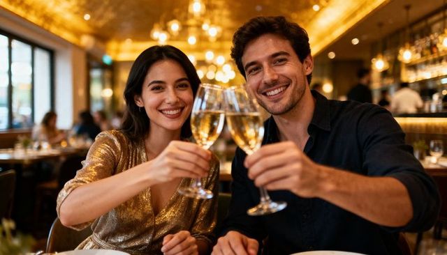 Couple toasting champagne at romantic upscale restaurant with golden lighting