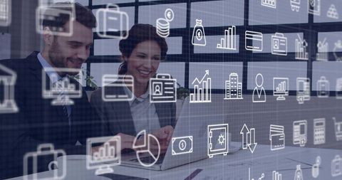 Business Professionals Collaborating on Laptop with Data Interface Overlay