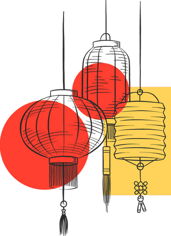 Geometric lanterns art on transparent canvas with red and yellow accents