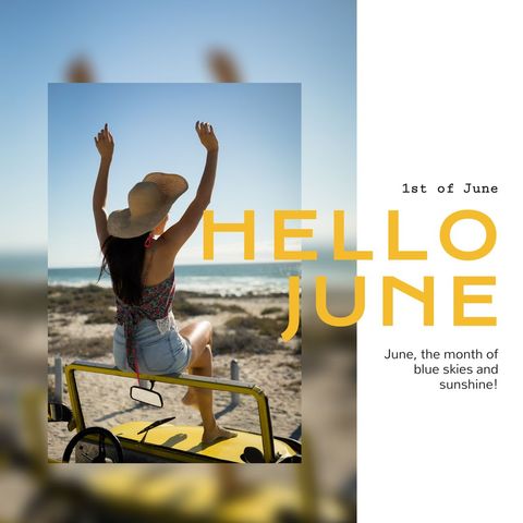 Joyful Woman on Beach in Summer Celebrating June