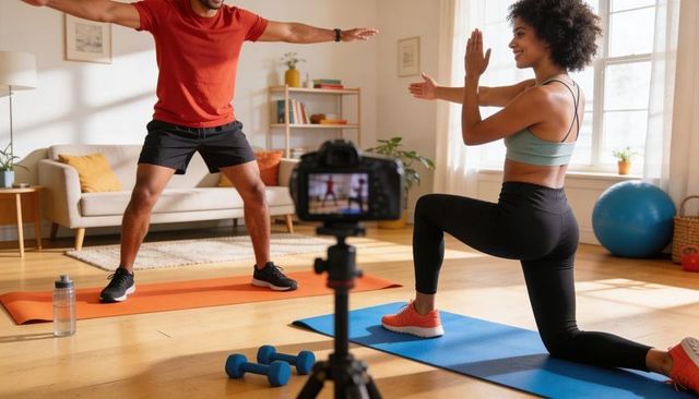 Couple training at home filming workout routine with dslr, doing lunges and squats