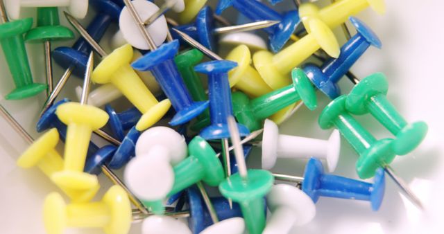 Perfect for organizing documents and papers, these colorful push pins add vibrancy to any workspace or classroom. Ideal for bulletin boards, office use, crafting, and more. Easy to see to avoid losing.