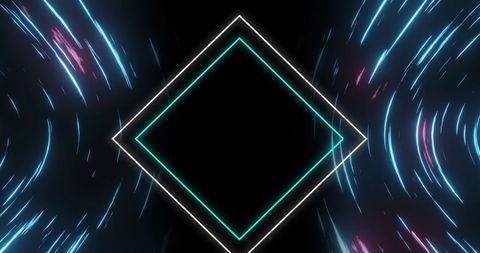 Digital Squares and Neon Light Streaks on Black Background