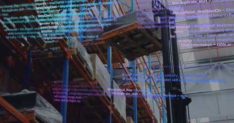 Forklift in warehouse with code overlay, showcasing logistics technology